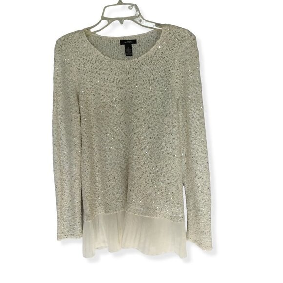 Alfani Sequined Sweater Long Sleeve Chiffon Hem Pullover Women's Sz  Small White - Picture 1 of 8